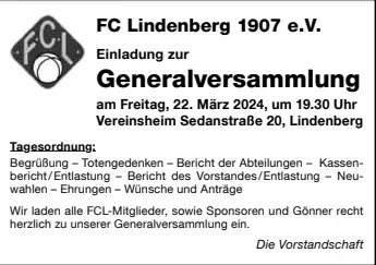 Generalversammlung des FC Lindenberg 07 am 22.03.2024 um 19:30 Uhr